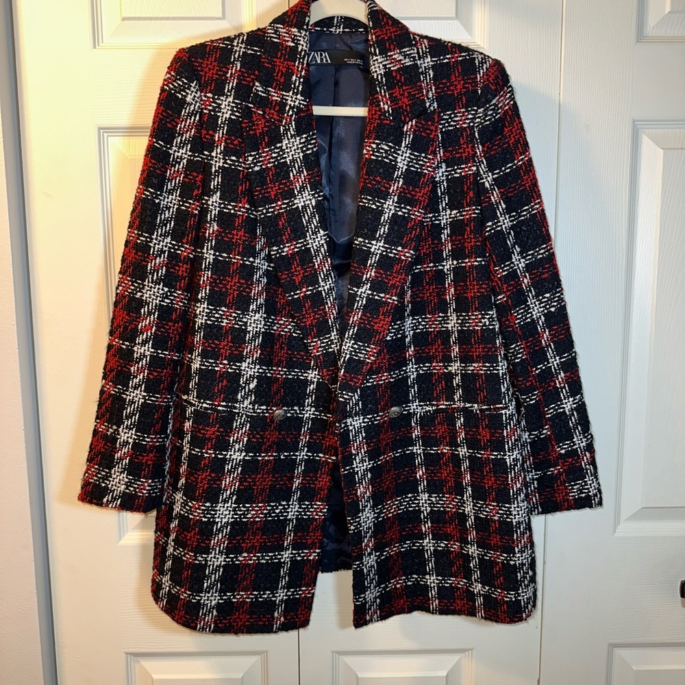 Zara Women's Plaid Blazer in Red, Black, and White